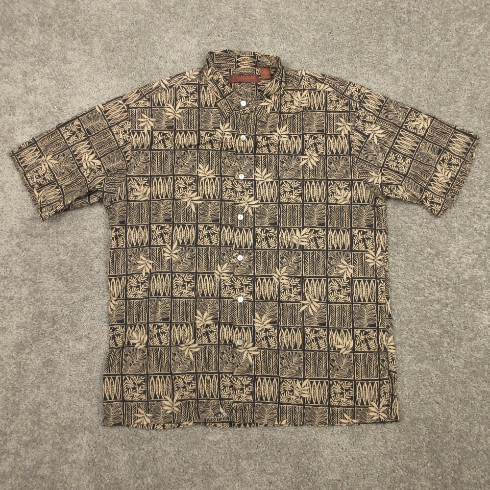 Tori Richard Shirt Mens Large Brown Floral Geometric Cotton Lawn Aloha Button Up